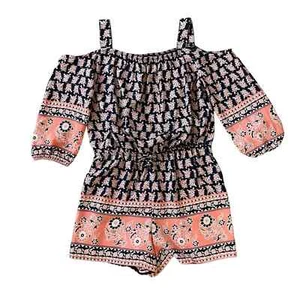 Girls L Sequin Hearts Navy Blue Pink Floral Open Shoulder Shorts Romper - Picture 1 of 2