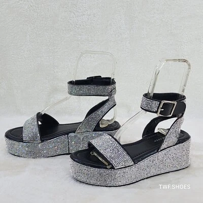 Flashy Black Ankle Strap Sparkling Rhinestone Wedge 2" Platform Sandals Comfy - Image 1 of 4
