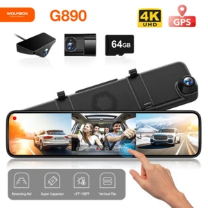 WOLFBOX Car DVR Video Recorder 12" Media Rearview Mirror 3 Channel GPS Dash Cam - Picture 1 of 9