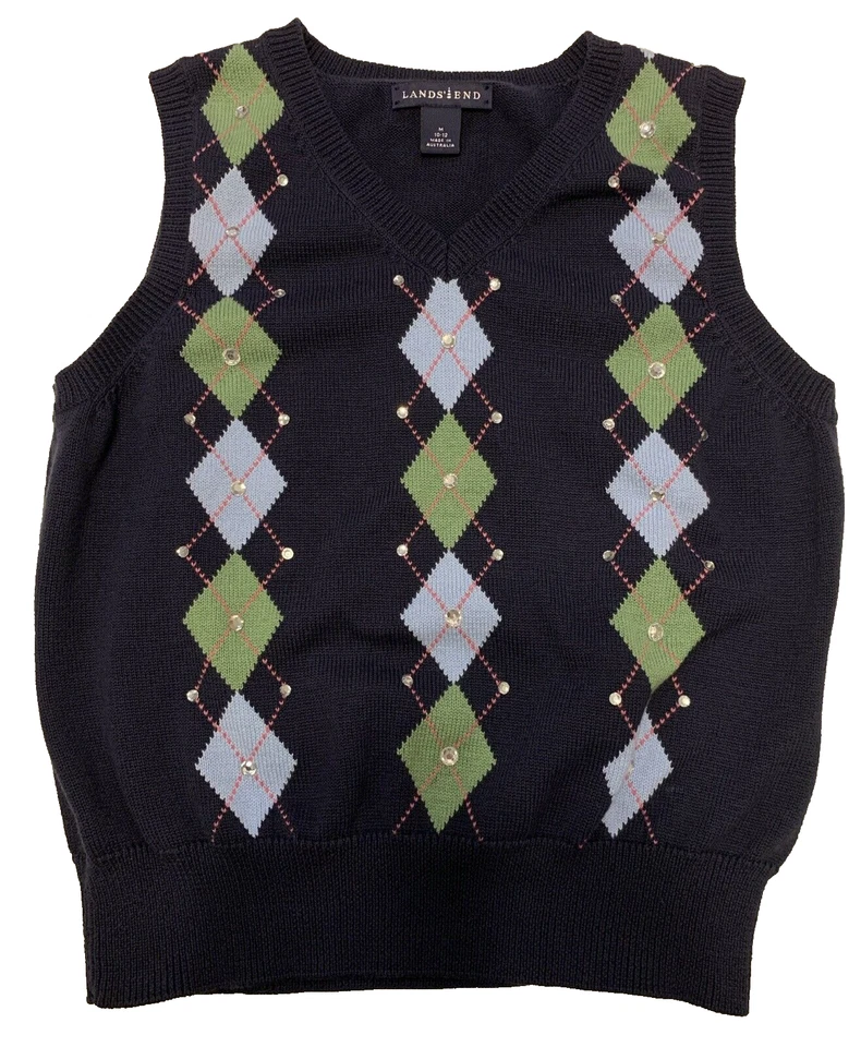 Lands' End Boys Medium 10/12 Sweater Vest Navy Blue V Neck Preppy Knit Pullover  - Image 1 of 4