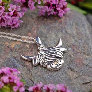 Sterling Silver Scottish Highland Cow Pendant Necklace Mother's Day Gift for Mum - Picture 1 of 3