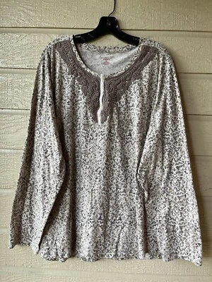 Top tejido NorthCrest para mujer crochet encaje talla 4X marrón floral algodón Henley Foto 1 de 4