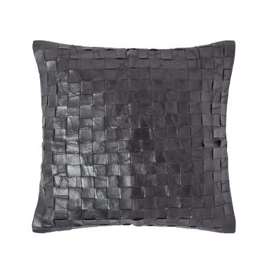 Black Real Leather Basketweave Check Suede Cushion with Feather Filling — 第 1/4 张图片