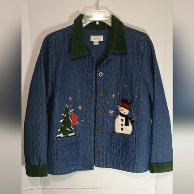 Christopher & Banks Blue Denim Jacket with Festive Embroidery Size Petite Small - Image 1 of 4