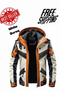 Men's Navy Blue White Hooded Sheepskin Leather Racing Jacket Multicolor - Picture 1 of 3