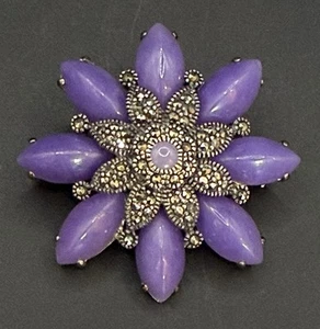 Vintage Dyed Purple Jade Sterling Silver 925 Marcasite Flower Brooch Pin - Picture 1 of 7