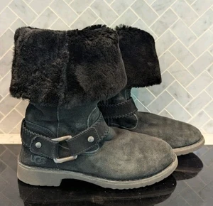 UGG Australia Cedric Winter Boots Womens Size 9 Black Leather Sheepskin Cozy - Picture 1 of 9