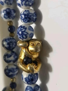 Alva Museum Replik blau & weiß Porzellan Perlen Gold Affe Halskette 13" verschlossen - Bild 1 von 17