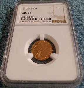 Cuarto de águila de oro indio 1929 $2 1/2, NGC MS-61, brillante y recién graduado - Imagen 1 de 4