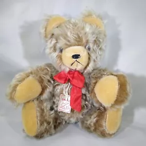 Vintage Mohair Teddy Bear Jointed Brown Red Bow Grisly with Tag - Picture 1 of 12