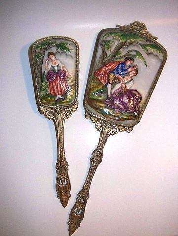ART NOUVEAU VICTORIAN HAND PAINTED RAISED PORCELAIN BRUSH & MIRROR SET FABULOUS Cover