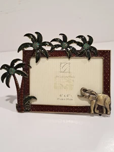 Picture Frame Enameled  brass Elephant & Jeweled Palm Tree Green crystal  - Picture 1 of 7