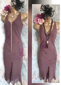Vintage Next Aubergine Floral Chiffon Occasion 20s 50s Deco Gatsby Bias Dress 10 - Picture 1 of 17