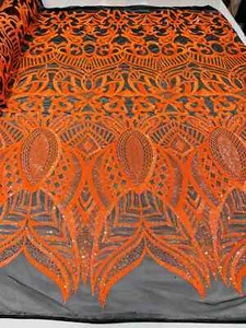 Orange Sequin Fabric, Black Mesh 4 Way Stretch Embroidery With Sequins By Yard - Picture 1 of 4