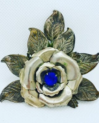 VIntage 1950s Repousse Floral Blue Rhinestone  Brooch Silver Tone - Image 1 of 4