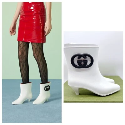 Gucci Bota de Lluvia al Tobillo de Goma Logo Enclavada Blanca EU 36 US 6 - Auténtica Foto 1 de 4