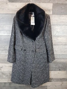 Heine Boucle Fur Collar Coat UK 12 Black Grey Wool Double Breasted Tailored - Picture 1 of 12