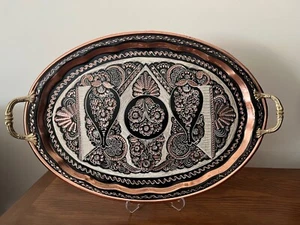 Oval Copper Coffee Tray, Turkish Copper Serving Tray, Copper Tray Handmade Large - Picture 1 of 16
