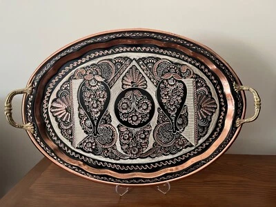 Oval Copper Coffee Tray, Turkish Copper Serving Tray, Copper Tray Handmade Large - Image 1 of 4