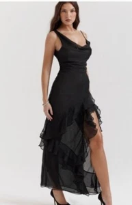 HOUSE OF CB Sz S Small Black Semi Sheer Malila Ruffle Maxi Dress - Picture 1 of 12
