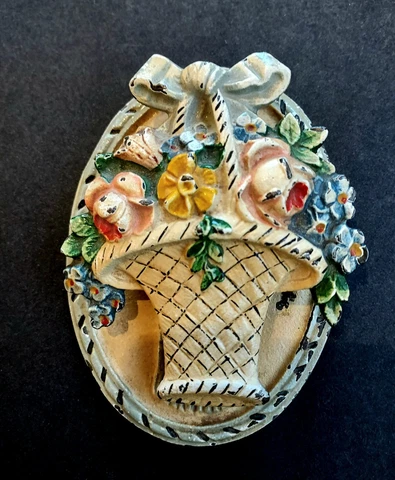 HUBLEY Antique Flower Basket Door Knocker Hand Painted Blue Bow Cover