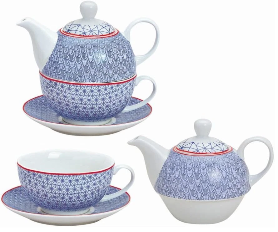 Tea for One Set - Teekanne - blau / rot / Retro - Bild 1 von 1