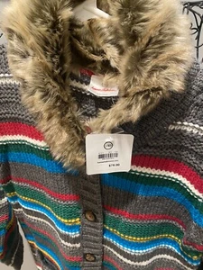 NEW Hanna Andersson Girls Sweater Jacket Size 10 Striped Duster Faux Fur Trim - Picture 1 of 5