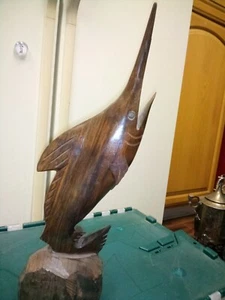Carved Hard Wood Dark Cherry Sword Fish or Marlin Figurine. Large 16” Tall - Picture 1 of 9