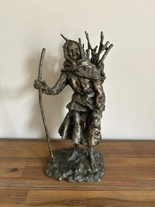French Brutalist Illegibly Signed Solid Bronze Sculpture Woman Gathering Wood - Picture 1 of 9