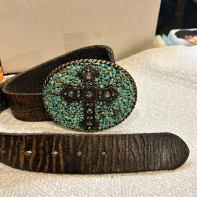 Cinturón Mujer Cuero Marrón Estrás Metal Cruz Turquesa Piedra Hebilla S 32 Foto 1 de 4