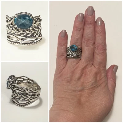 Or Paz Israel Sterling Silver Oval Cut Blue Topaz Ornate Wide Band Ring Size 9 - Image 1 of 4