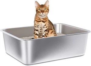 Stainless Steel Litter Box, 17.7"X13.8"X6" Medium Metal Litter Box for Kitty/Cat - Picture 1 of 12