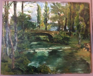 Huile sur panneau début XXème - Paysage de rivière sous un pont - Monogrammé - Imagen 1 de 5