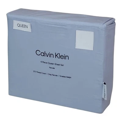 Calvin Klein 4 Piece Queen Sheet Set Crisp Cotton Percale 270 Thread Light Blue - Image 1 of 4