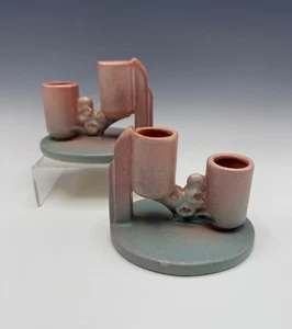 Roseville Ixia Candle Holders Pink 1937 Vintage Art Deco Pottery Ceramic 1127 - Picture 1 of 5