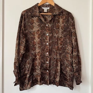 Blusa Y2K De Colección Seda Piel de Serpiente Para Mujer 1X Mob Esposa Tranquila Lujo Marrón Estampado Animal - Imagen 1 de 7