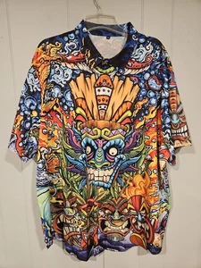 Camisa Aloha Hawaiana Para Hombres Sin Marca Verde Poliéster Tiki Moai Face 4XL Tropical - Imagen 1 de 5