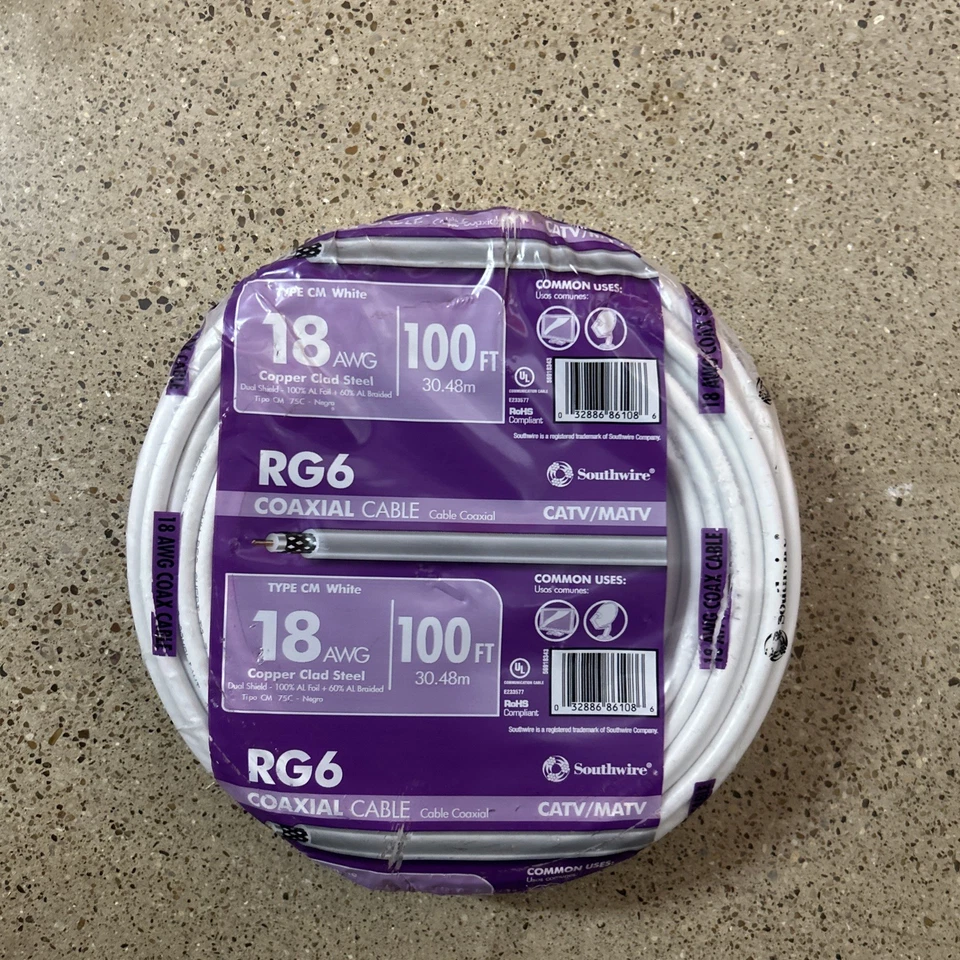 Southwire RG6-Dual Shield Coaxial Cable Coil 18 AWG White 100-ft New Sealed! Foto 1 de 2