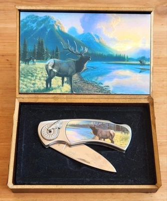 Vintage Collectible Pocket Knife, American Elk Design In Wood Display Box/Case - Image 1 of 4