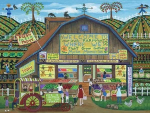 OrIgInAl FoLk ART PaInTiNg FaRmEr BaRn MaRkEt DoG CaT TrAcToR ScArEcRoW ChIcKeN - Picture 1 of 9
