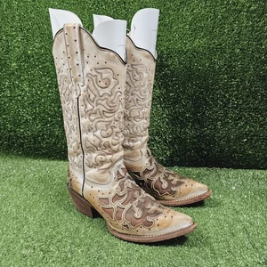 JB Dillon Chicory Western Distressed Leather Inlayed Pull On Boots Womens 6.5 B - Picture 1 of 11