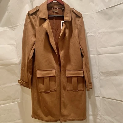 Abrigo chaqueta larga de cuero sintético suave camel Tahari para mujer talla M clásico Foto 1 de 4