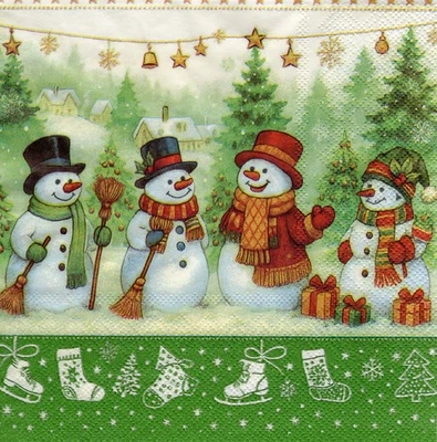 3 Servietten ~ Weihnachten, Schneemann-Treffen, Winterdorf ~ 33x33 - Bild 1 von 2