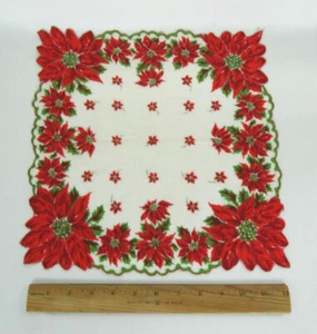 FAZZOLETTO VINTAGE ANNI '50 LINO COTONE POINSETTIA BORDO SMERLATO 13" by 13" - Foto 1 di 10