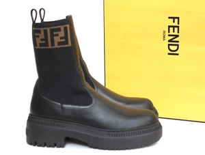 New sz 8 / 38.5 Fendi Black Leather Domino Biker FF Logo Sock Pull up Boot Shoes - Picture 1 of 10