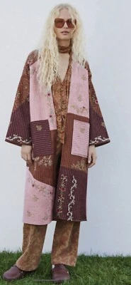 Zara цветочный вышитый пэчворк выстеганная большого размера кимоно Duster куртка Sz XS/S - Изображение 1 из 4