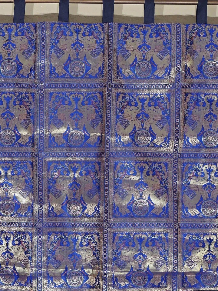 Blue Living Room Curtain - Brocade Gold Elephant Stylish Indian Window Panel 84" - Image 1 of 1