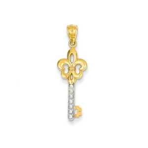 14K Yellow & White Gold Polished Diamond Cut Religious Fleur De Lis Key Pendant - Picture 1 of 3