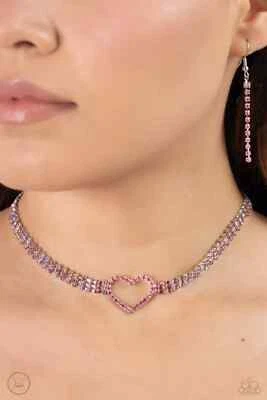 Paparazzi ROWS OF ROMANCE pink HEART CHOKER necklace - Image 1 of 3