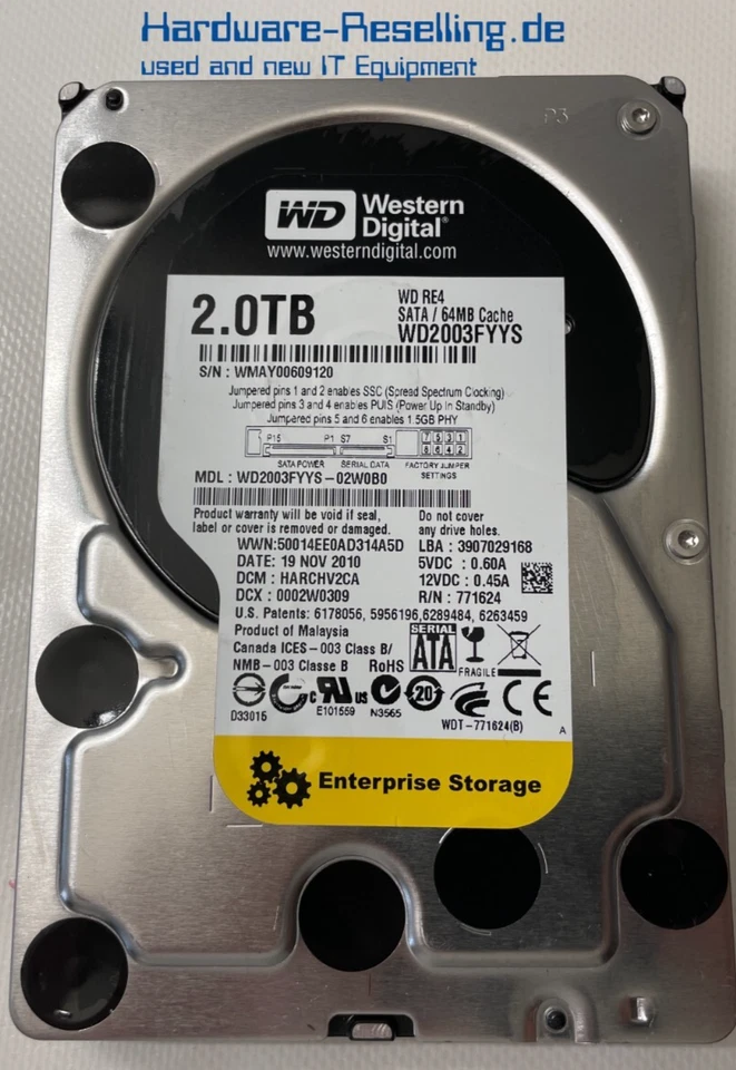 Western Digital RE4 2TB 3,5" SATA II 3G 64MB 7.2K WD2003FYYS-02W0B0 HDD - Bild 1 von 1